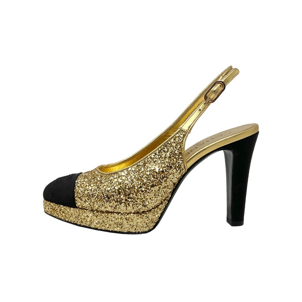 Chanel Gold Glitter‎ Cap Toe Slingback Heels Platform 38